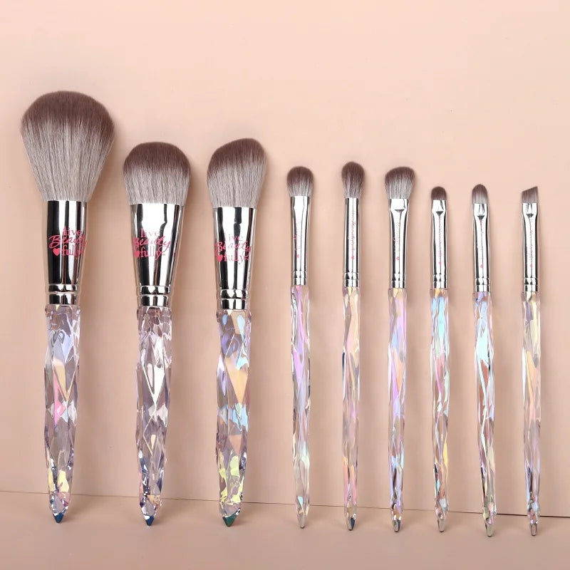 Premium Crystal Cosmetic Brush 9pcs Face Soft Eco Friendly Clear Transparent Handle Vegan Private Label Makeup Brushes