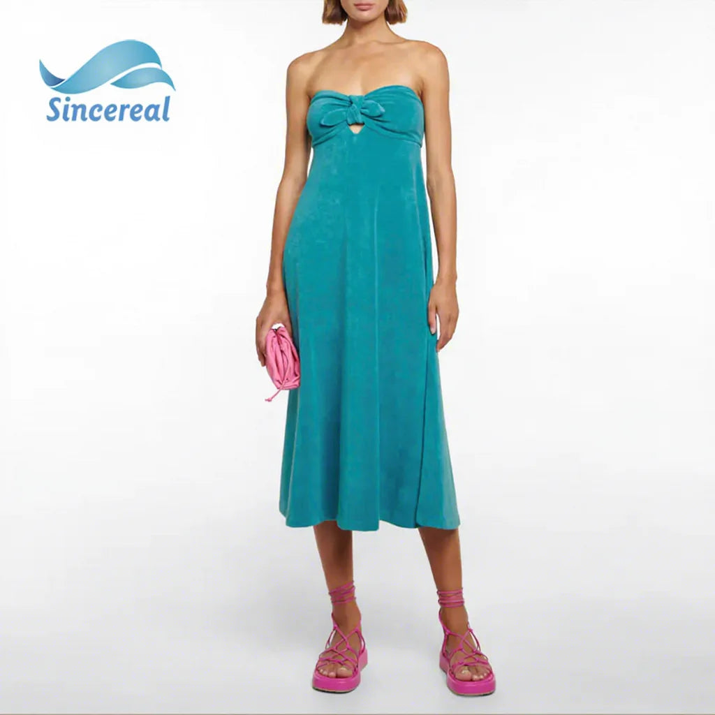Custom Summer Women Cloth Versatile Detachable Shoulder Straps Casual Terry Towel Casual Midi Dress