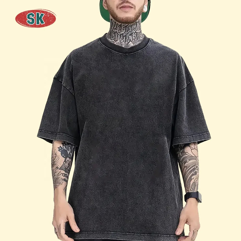 Custom Screen Print T Shirt Ripped 250 GSM Tee Full Double Layer Long Sleeve Cuff Stone Faded Acid Wash Boxy Cropped T Shirt Men