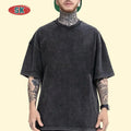 Custom Screen Print T Shirt Ripped 250 GSM Tee Full Double Layer Long Sleeve Cuff Stone Faded Acid Wash Boxy Cropped T Shirt Men