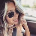 Kenbo 2020 Retro Punk Sunglasses for Men Women Metal Bling Stones round Flat Lens with Oval Riveted Sun Glasses White Frame
