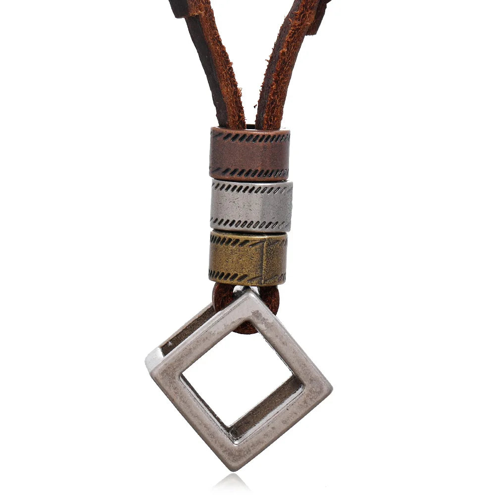Alloy Leather Cord Chain Trendy Hollow Square Pendant Necklace Mens Charm Size Adjustable