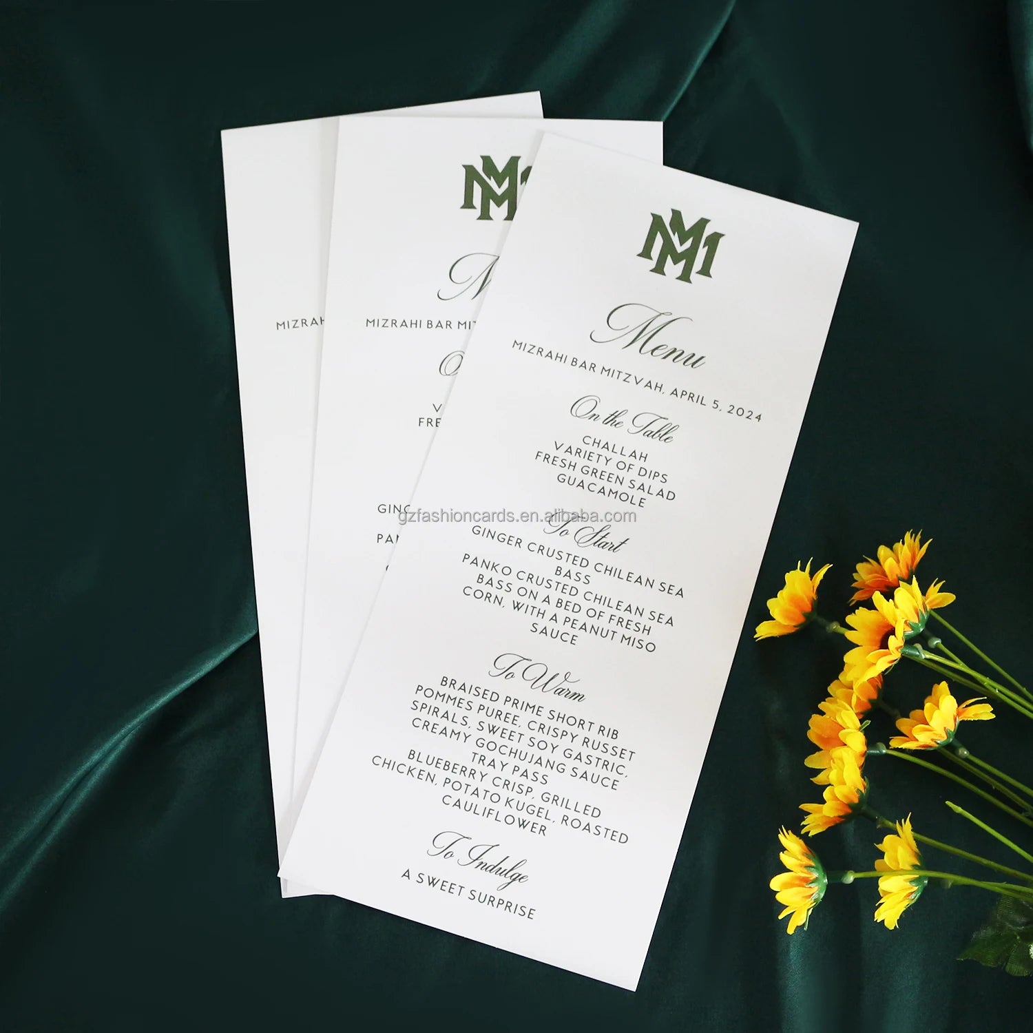 2026 Customized Design White Cardboard Paper Menu Cards with Custom Dark Green Text for Wedding Party Event