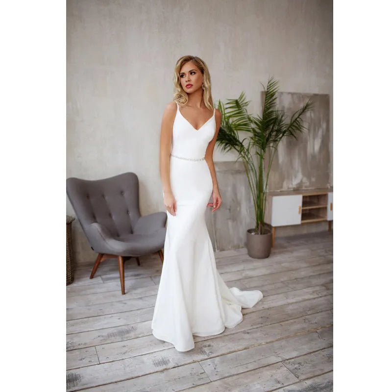 Spandex V Neck Sleeveless Spaghetti Strap Bridal Gown Floor Length Mermaid Wedding Dress Backless With Crystal Belt 2025
