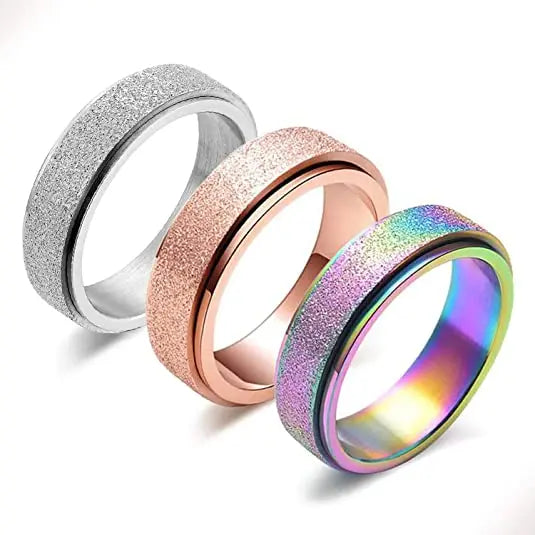 Fashionable Sand Blast Glitter Stainless Steel Rings Rose Gold Silver Rainbow Color Fidget Anxiety Ring for Men
