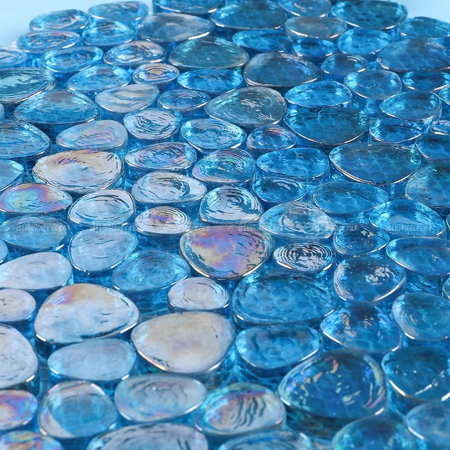 Bluwhale Foshan Mosaik Crystal Bubble Pool Tile Light Blue Iridescent Glass Mosaic Pebble Tile
