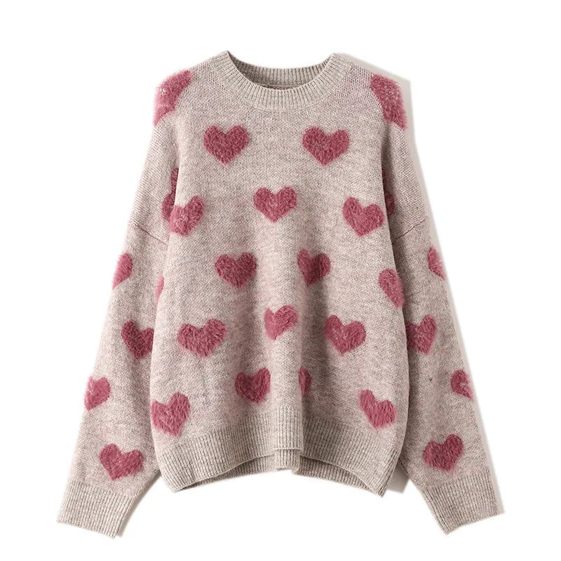 Factory Wholesale Korean Style Jacquard love Heart Pattern Loose Sweater Pullover Female