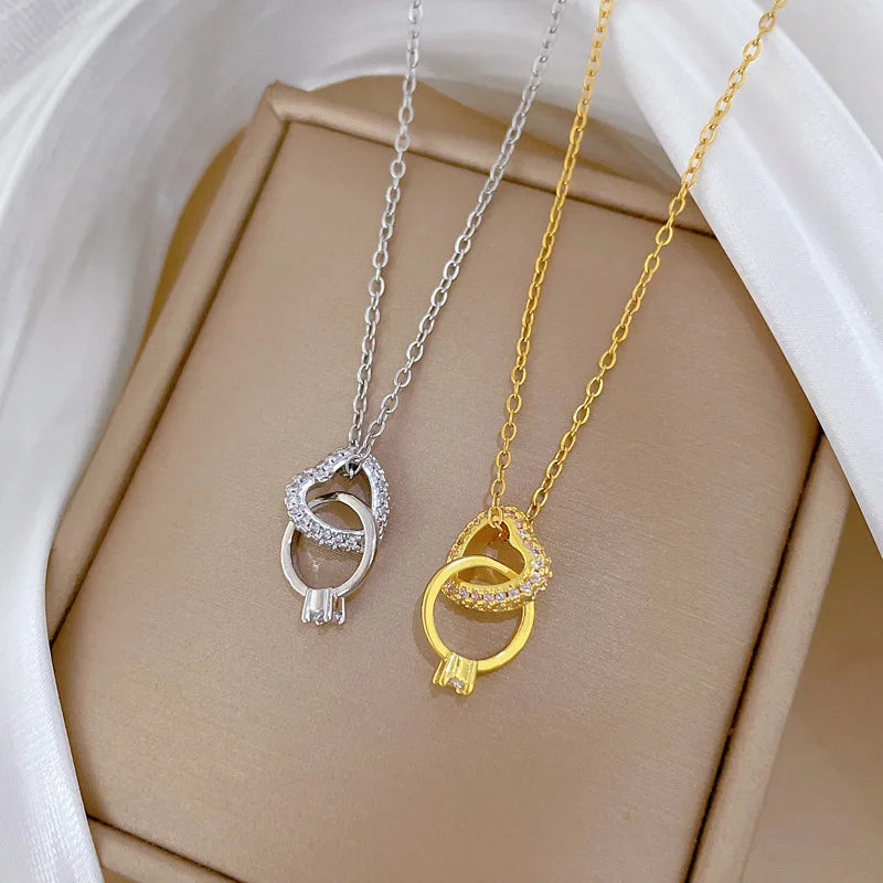 18K Gold Plated Zircon Crystal Pendant Necklace Diamond Heart Peach Heart Double Ring Charm Stainless Steel Necklace Collar