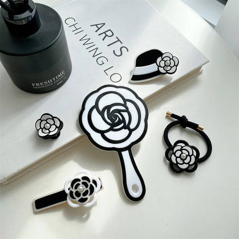MIO Elegant Rose Black White Camellia Hairpins  Makeup Mirror Acetate Flower Hair Clip Set Vintage  French Barrettes for Women