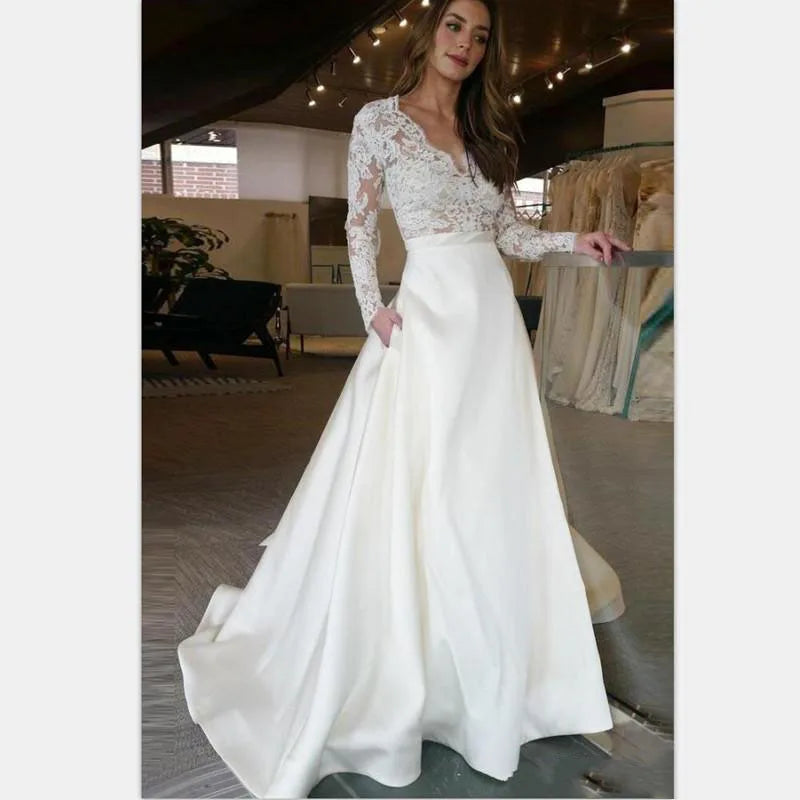 Illusion Lace Long Sleeve a Line Wedding Dress Satin Skirt Sweep Train V Neck Buttons Bridal Gown 2025 Vestido De Novia