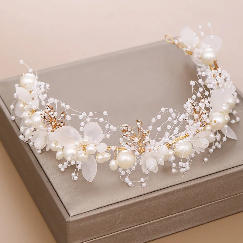 2024 Fashion Gold Wedding Headband Bohemian Crystal Pearl Hair Vine Flower Halo Bridal Hair Accessories