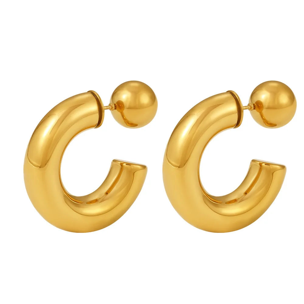 New Chunky 18K Gold Plated Women Smooth C Shape Hoop Bijoux Femme Stainless Steel Fashion Jewelry Earrings