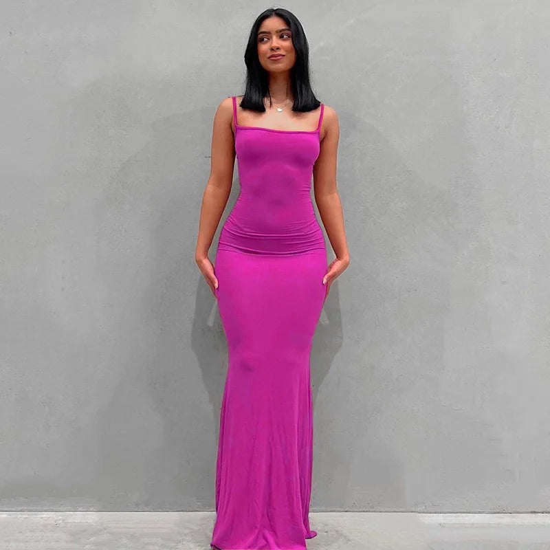 Women's Trendy Summer Bodycon Ribbed Midi Dress Spaghetti Strap Long Maxi Dress