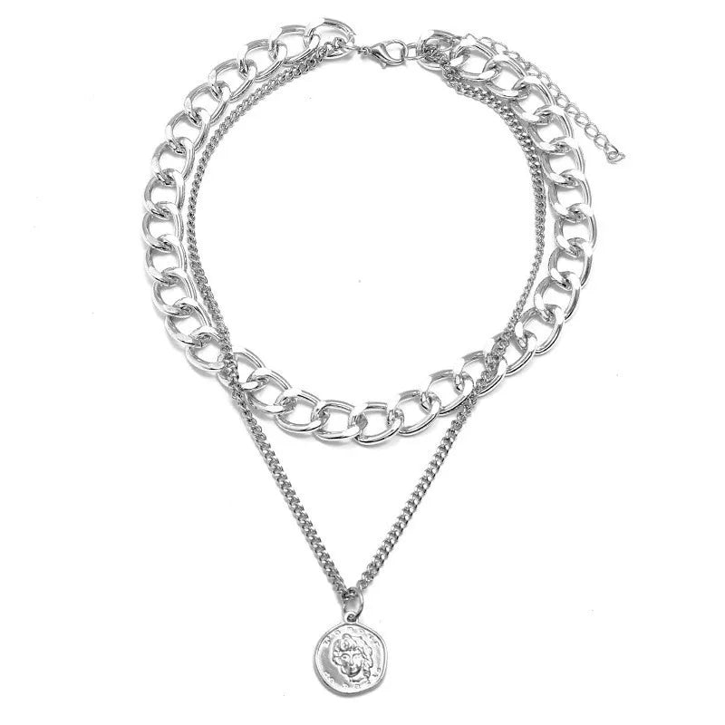 New Personality Hip Hop Short Female Collarbone Chain Double Punk Thick Chain Retro Portrait Pendant Necklace