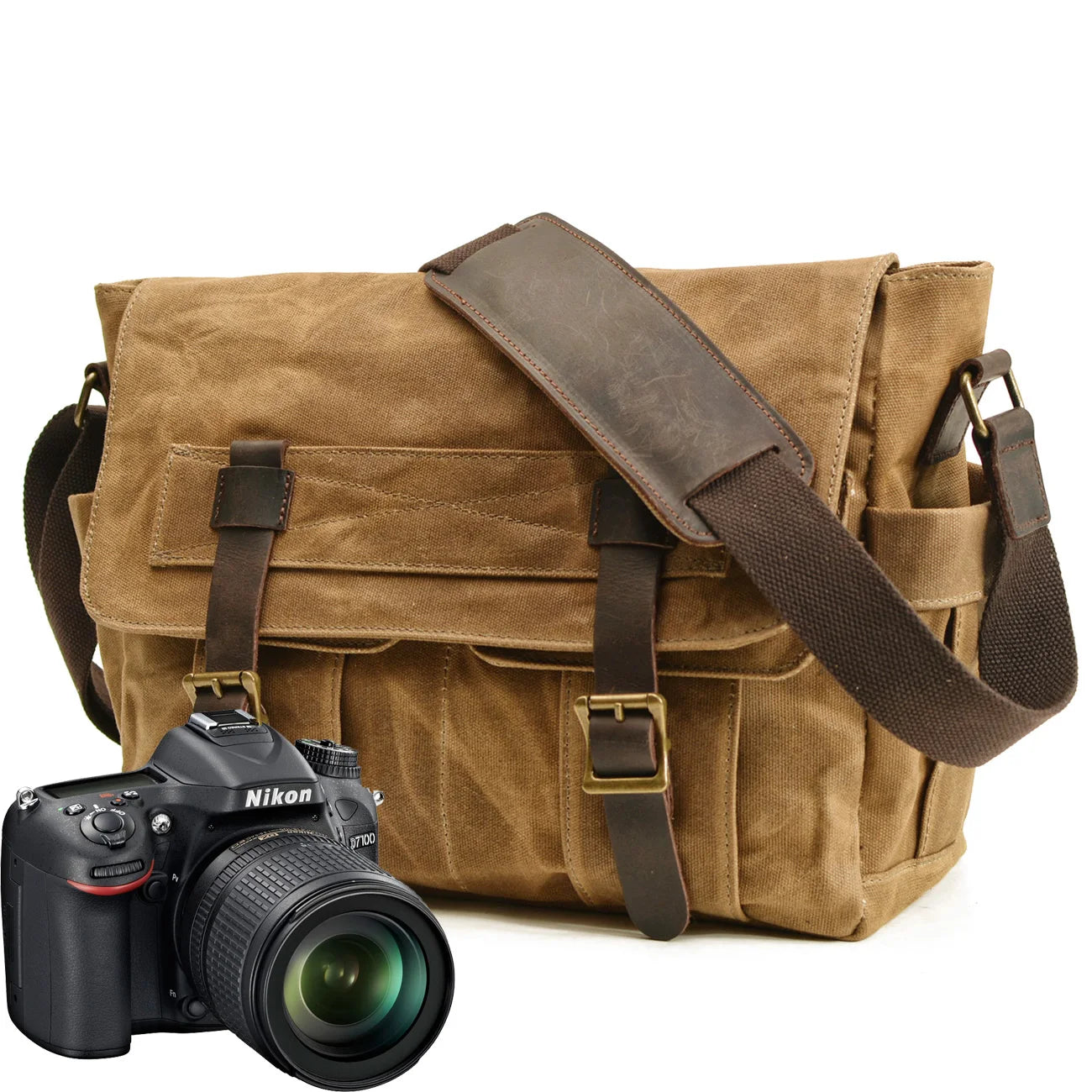 Vintage Waxed Canvas Camera Messenger Bag Leather Trim Outdoor Photography Crossbody Shoulder Bag for DSLR Mirrorless Camera