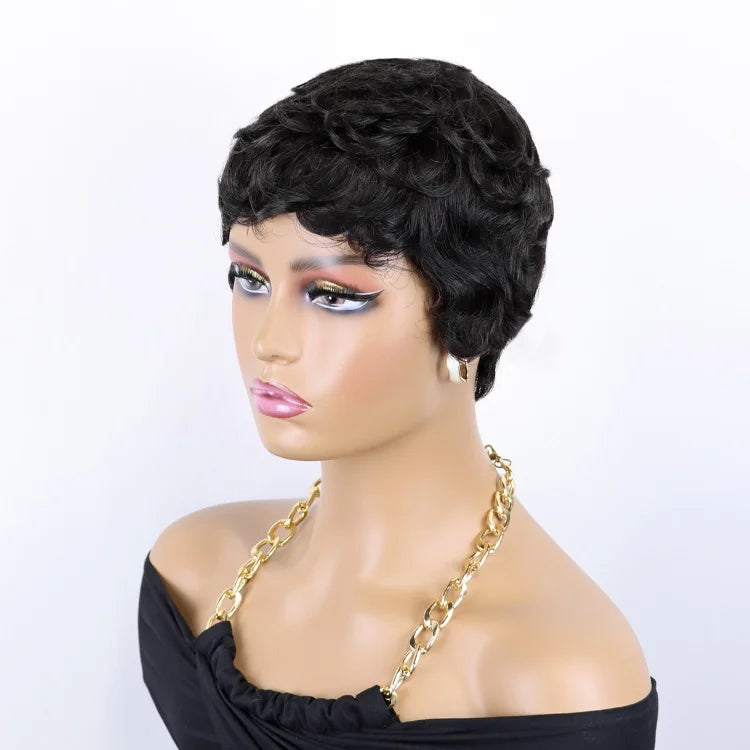 Short Pixie Wigs for Black Women Natural Curly Wavy Glueless Wig Human Hair Non Lace Full Machine Made Wig with Bangs
