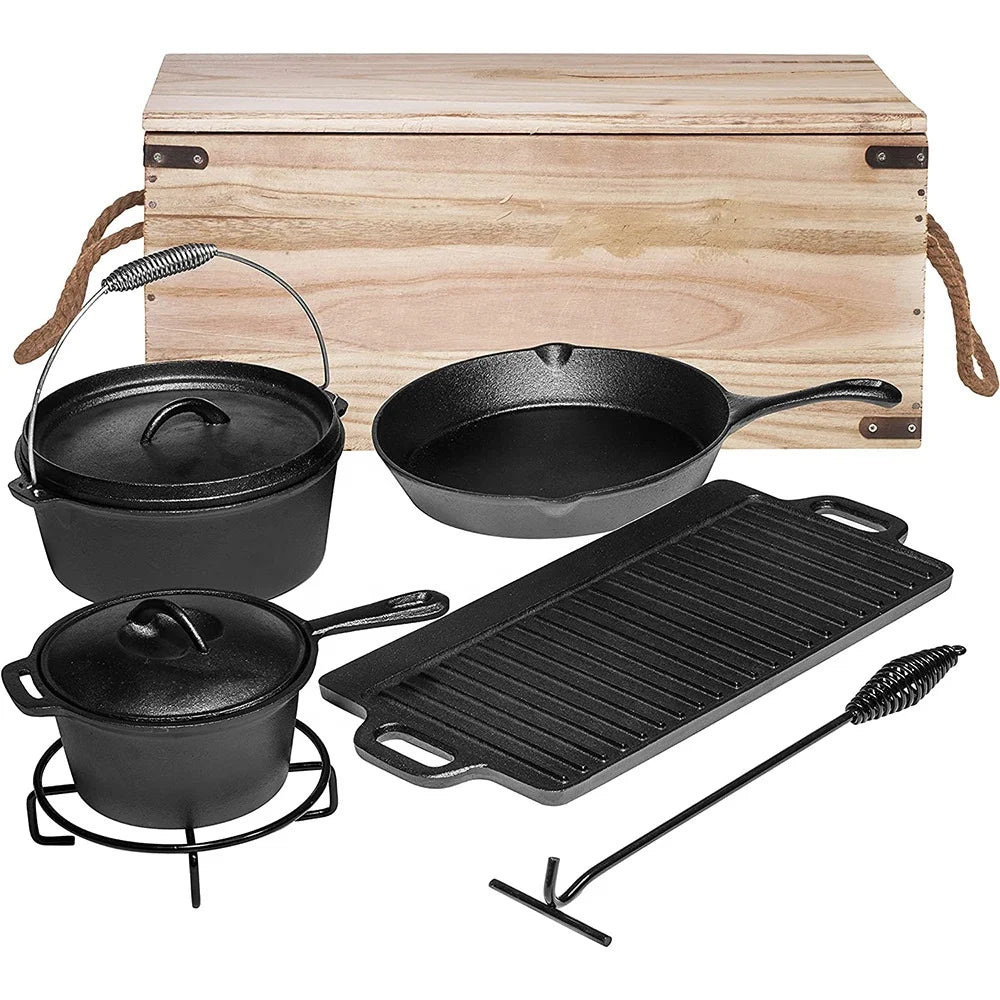 Manufacture Dutch Oven Cast Iron Outdoor Camping Cookware 7 Piece Set With Wooden Box