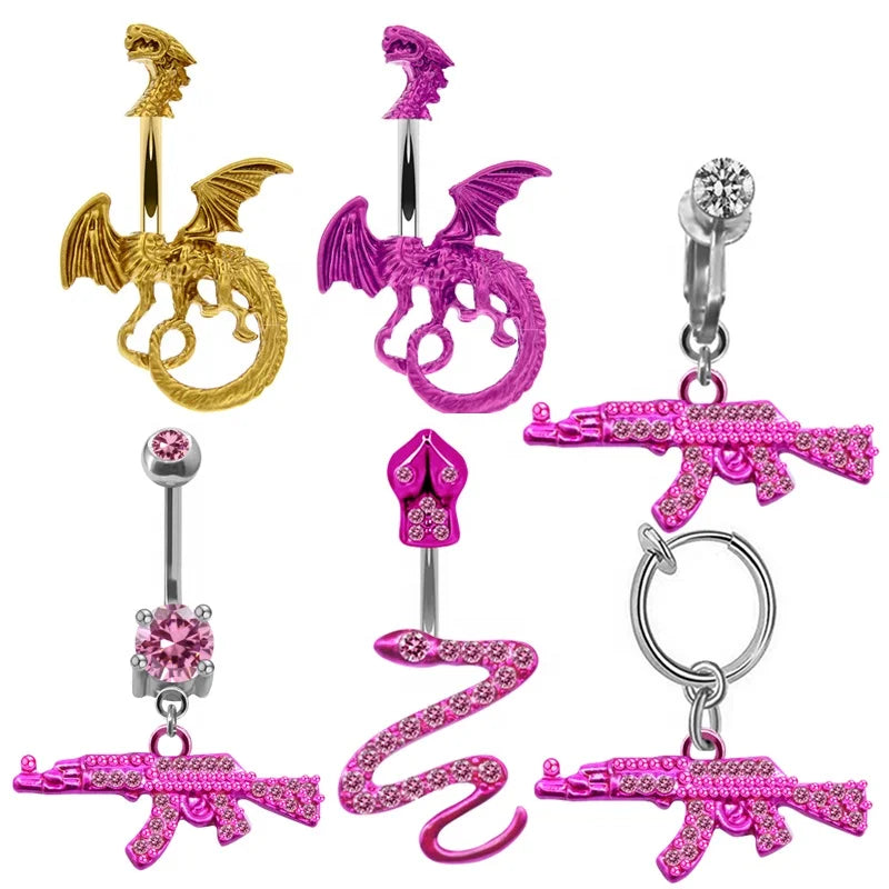 Gaby Hot Sale Pink Stainless Steel Navel Ring Belly Button Body Piercing Jewelry with Dragon Design for Children's Wedding