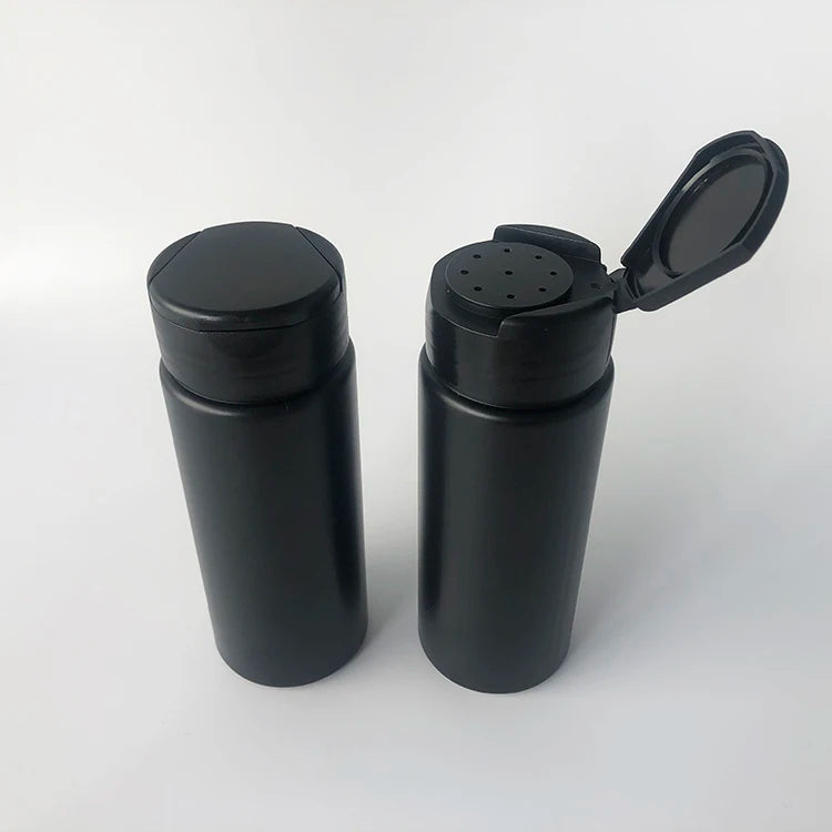 Wholesale Empty 150ml Black Plastic Baby Talcum Powder Bottle 150grams Loose Powder Bottle Container with Flip Top Cap