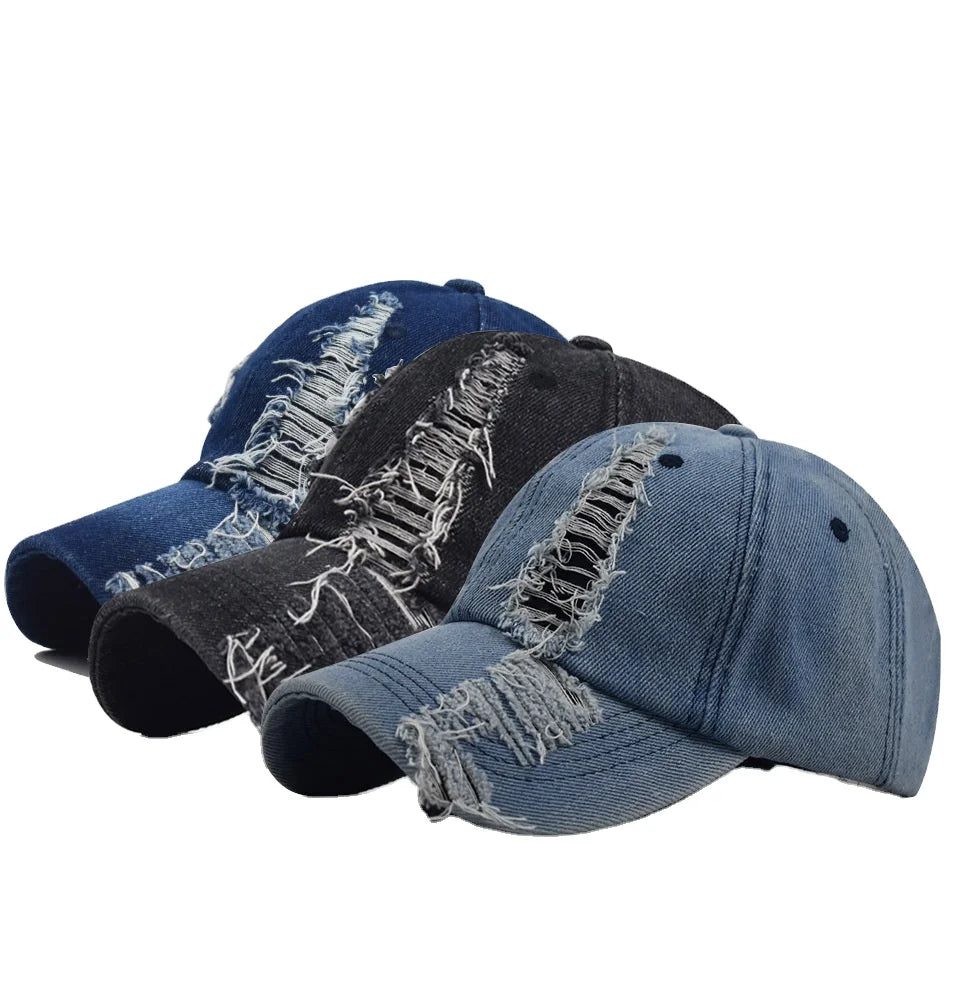 Custom Embroidery Logo Vintage Washed Denim Unstructured Baseball Cap Plain Jeans Distressed Dad Hat