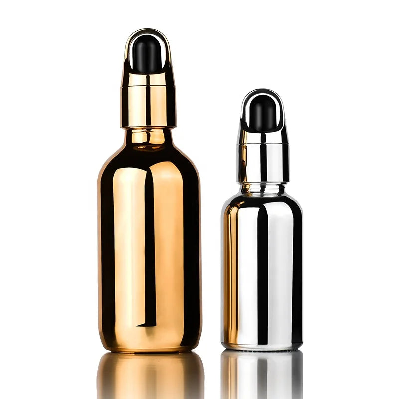 Empty 10ml 15ml 30ml 60ml Sliver Gold Plating Essential Oil Glass Dropper Bottle  with Gold Basket Cap