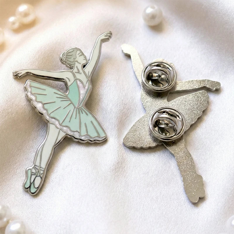 Ballet Dancer Soft Enamel Pin Silver with Mint Green & Pearl Powder Metal Brooch for Dance Lovers