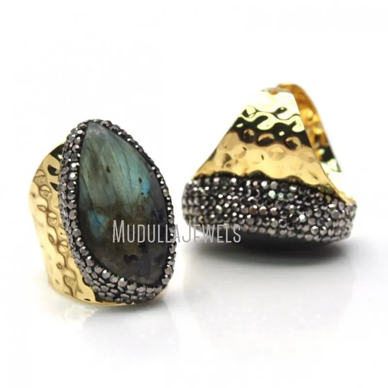 RM21907 Natural Gemstone Labradorite Mineral Black Rhinestone Paved Adjustable Free Form Finger Rings Gold Plated Chic Gift