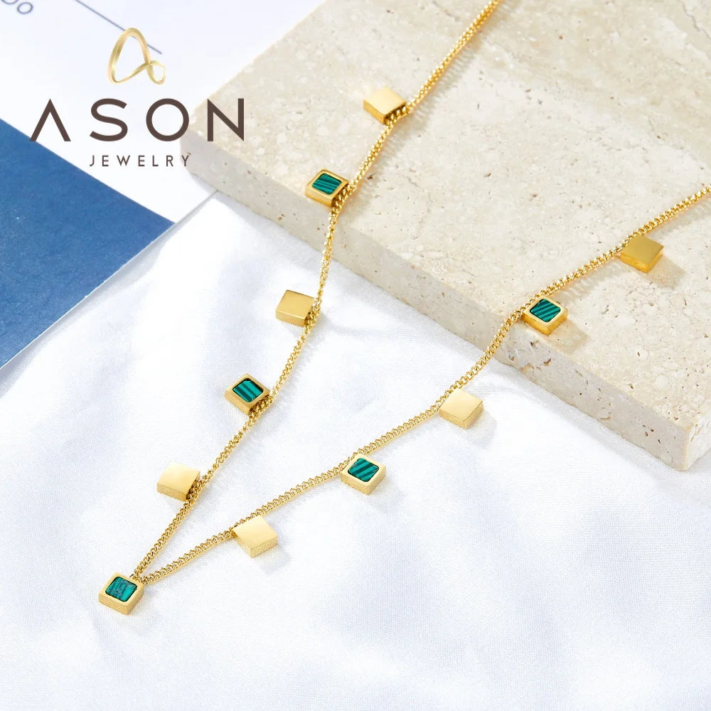 Ason Wholesale Stainless Steel Jewelry Necklace 5 Squares Green Drop Oil + 6 Squares Accessory Necklaces