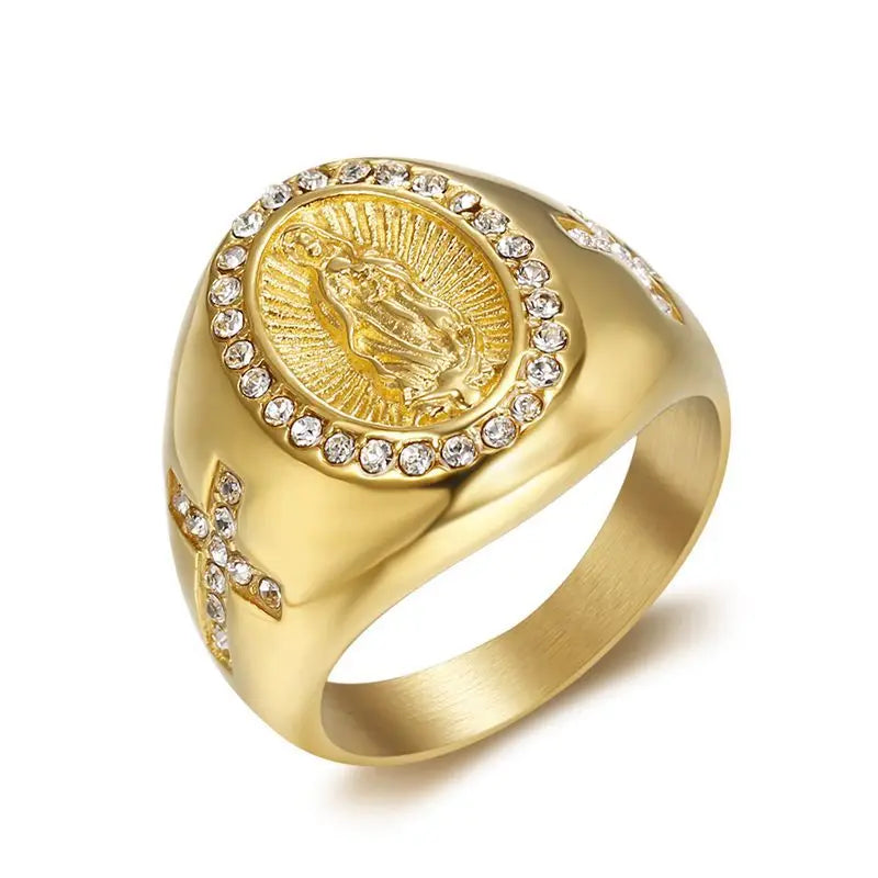 New Punk Religious Ring Jewelry 18K Gold Catholic CZ Stone Virgin Mary Cross Steel Rings for Men