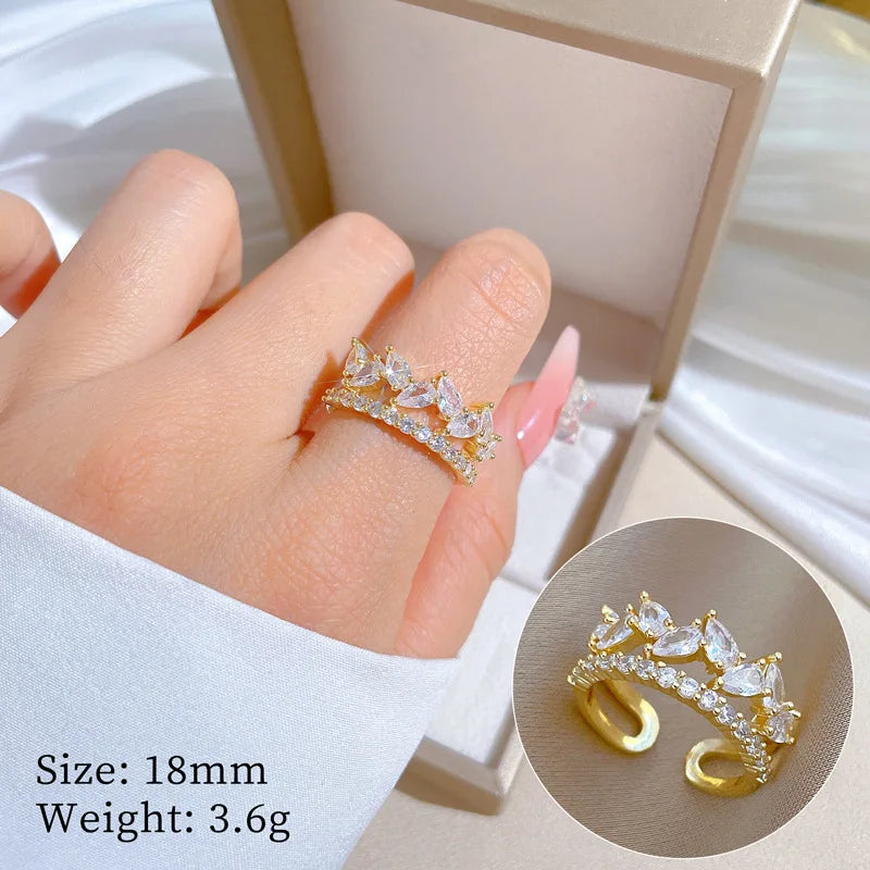 Fashion 18K Gold Plated Water Drops Full of Zircon Wedding Ring for Women Girls Luxury Engagement Adjustable Rings Jewelry