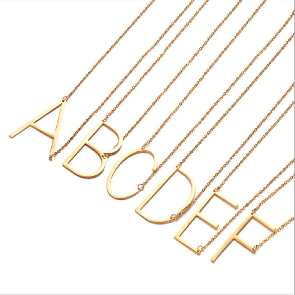 Fashion Titanium Stainless Steel 26 Initial Letters Necklace Simple Hollow Capital Letter Pendant Necklace Jewelry for Women