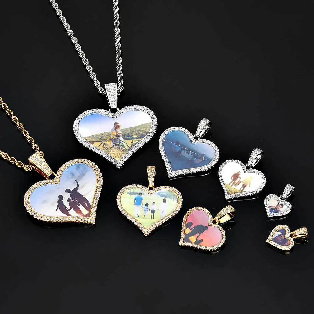 Custom Iced Heart Photo Frame Pendant Gold Plated Hip Hop Love Memory Picture Necklace Zircon Chains Brass Party
