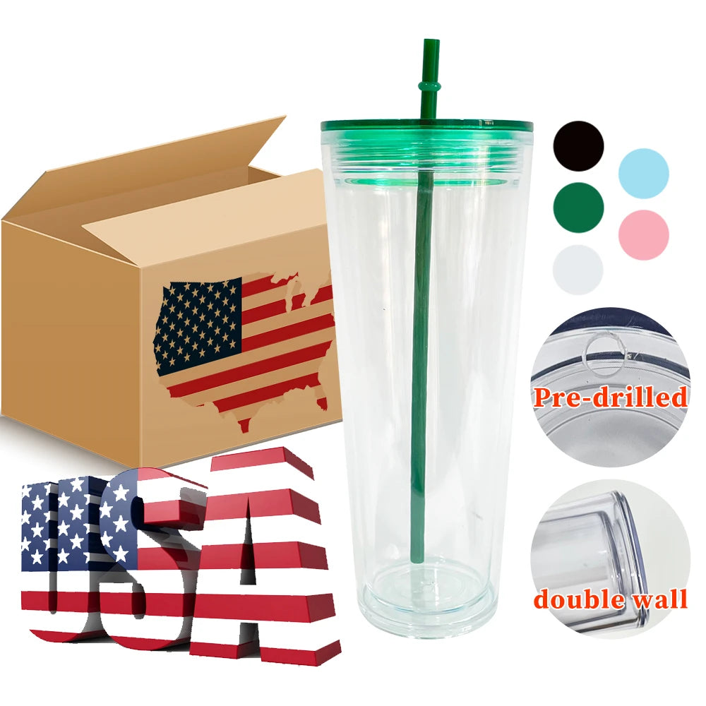 Portable Transparent 16oz 24oz Double Walled Acrylic Insulated Clear Plastic Tumblers Bling Sequins Glitter Travel Cups Tumblers