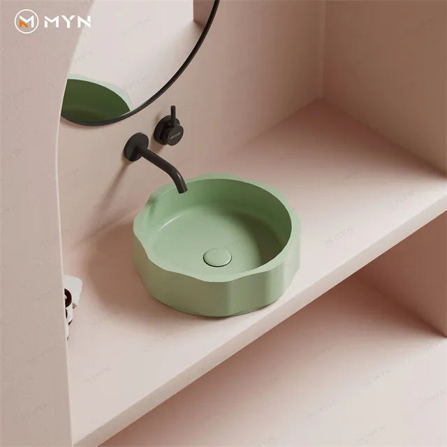 Wholesale Trend Modern Design Flower Shape  Matte Green  Color Solid Surface Artificial Stone  Bathroom Basin