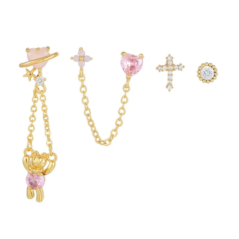 2024 Chain Ear Bone Stud Piercing Stud Simple Personality 18k Gold Zircon Bear Tassel Piercing Jewelry 4pcs Girls Earrings Set