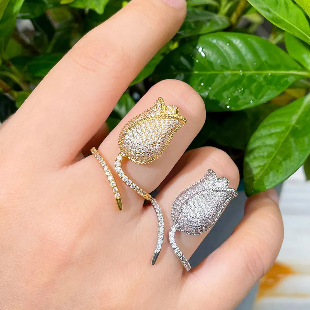 Adjustable White Gold Plated Color Cubic Zirconia Dainty Rose Flower Luxury Wedding Ring for Women Brides Evening CZ Jewelry