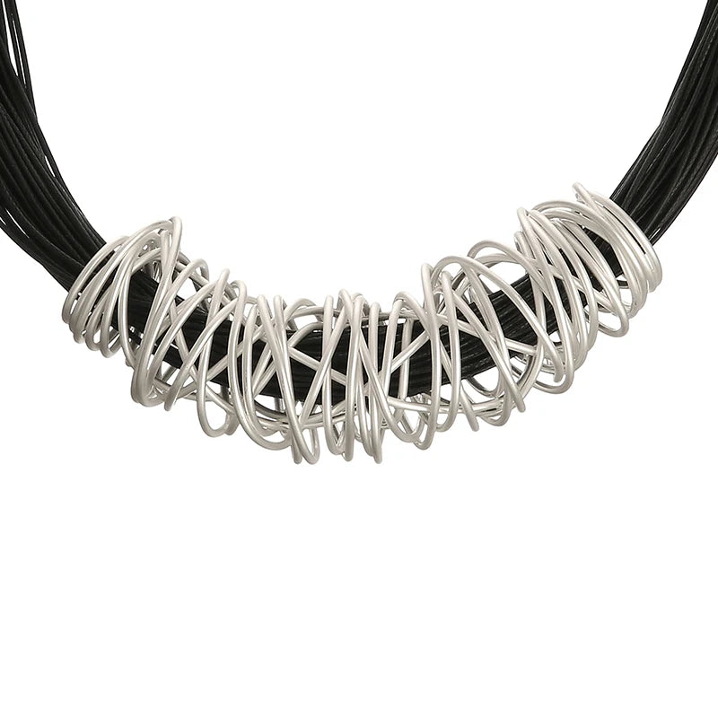 Unique New Geometric Multi Circles Bib Necklace Black Rope CORD Chunky Women Statement Necklace