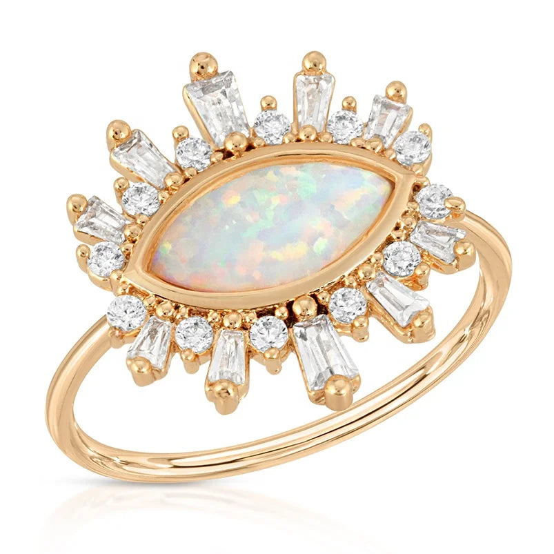 Gemnel Wholesale 925 Silver Gold Vermeil Diamond Natural Opal Cz starburst Band Ring Women