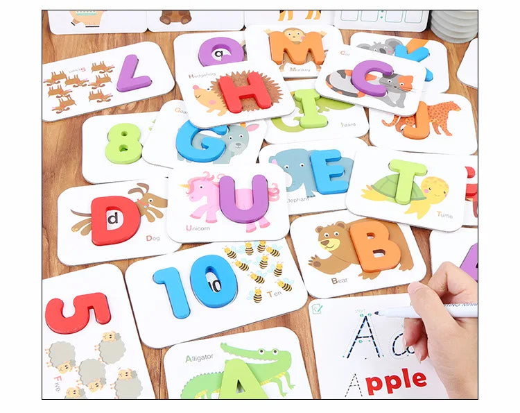 Number and Alphabet Flash Cards for Toddlers ABC Montessori Educational Toys Preschool Wooden Letters Animal Puzzle Game