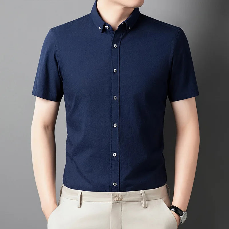 Men's Summer Casual Business Half-Sleeved Cotton Shirt 100% Pure Cotton Slim Fit Middle-Aged Thin Top Pure Color Blank Design