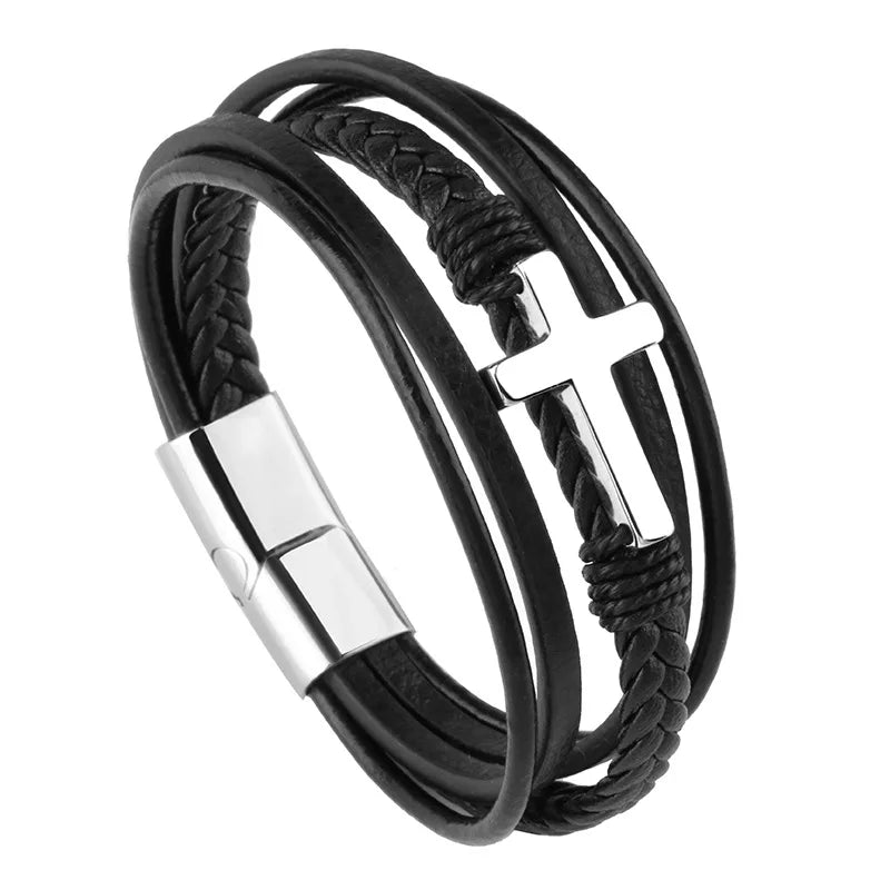 Classic Design Cross Bracelets Men Leather Stainless Steel Magnetic Clasp Charms Hand Bracelet Homme Men's Christmas Gifts