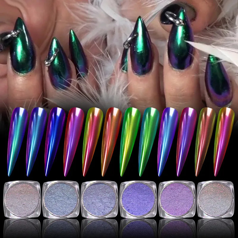 12 Colors Multi Chrome Nail Glitter Powder Nail Art Decorations Magic Mirror Effect Easy Apply CE Certified