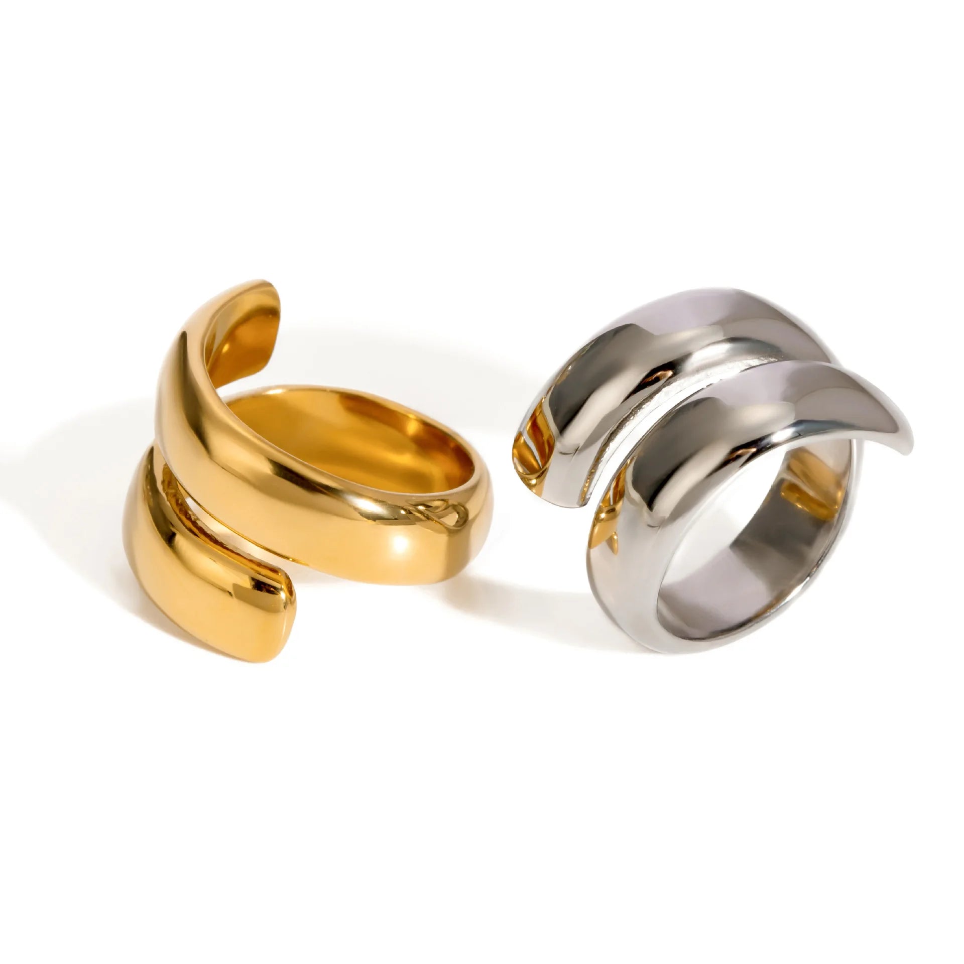 High Polished Bright Surface 18K Gold Plated Stainless Steel Double Layer Spring Open-Ended Ring for Women