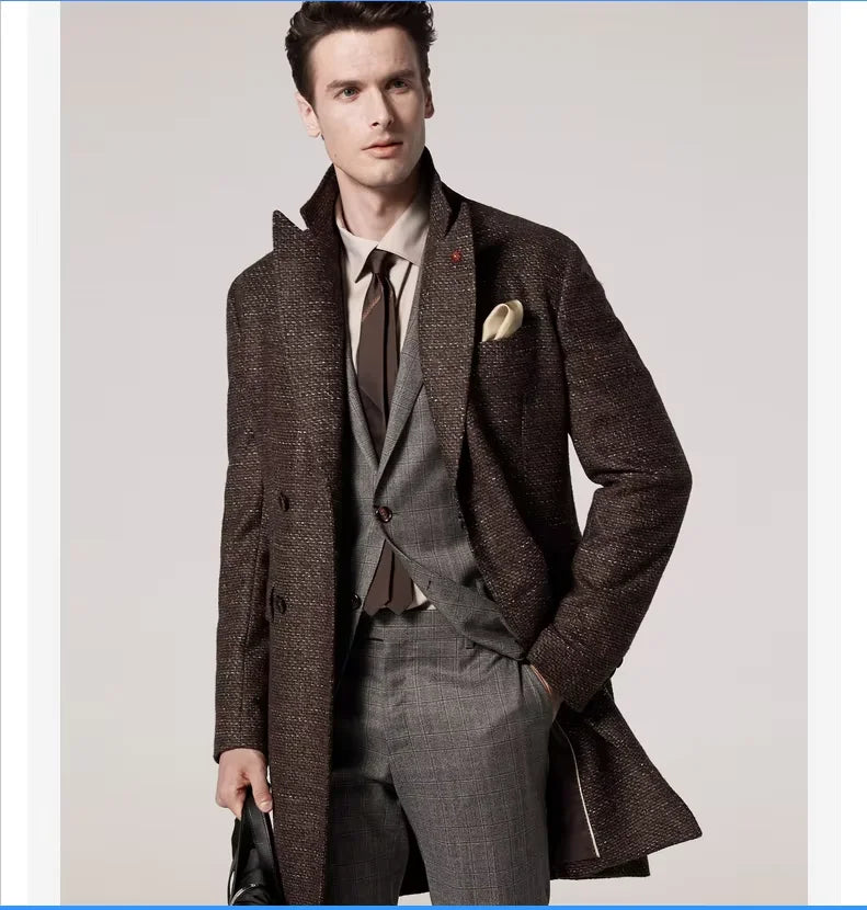 Men's Wool Coat Business Fashion Winter Medium Long Woolen Cloth Loose British Woolen Coat