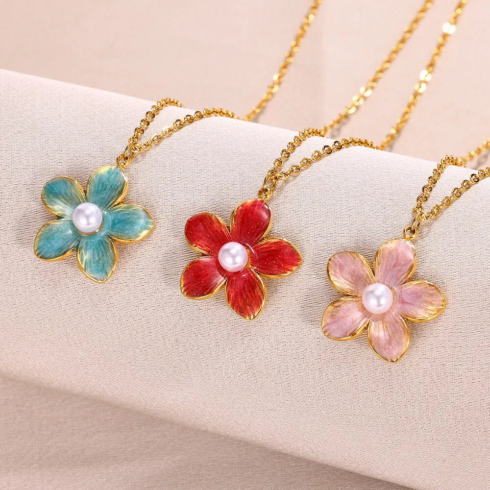 Wholesale New Stainless Steel Gold Link Chain Color Dripping Oil Trendy Pearl Flower Petal Pendant Necklace for Women