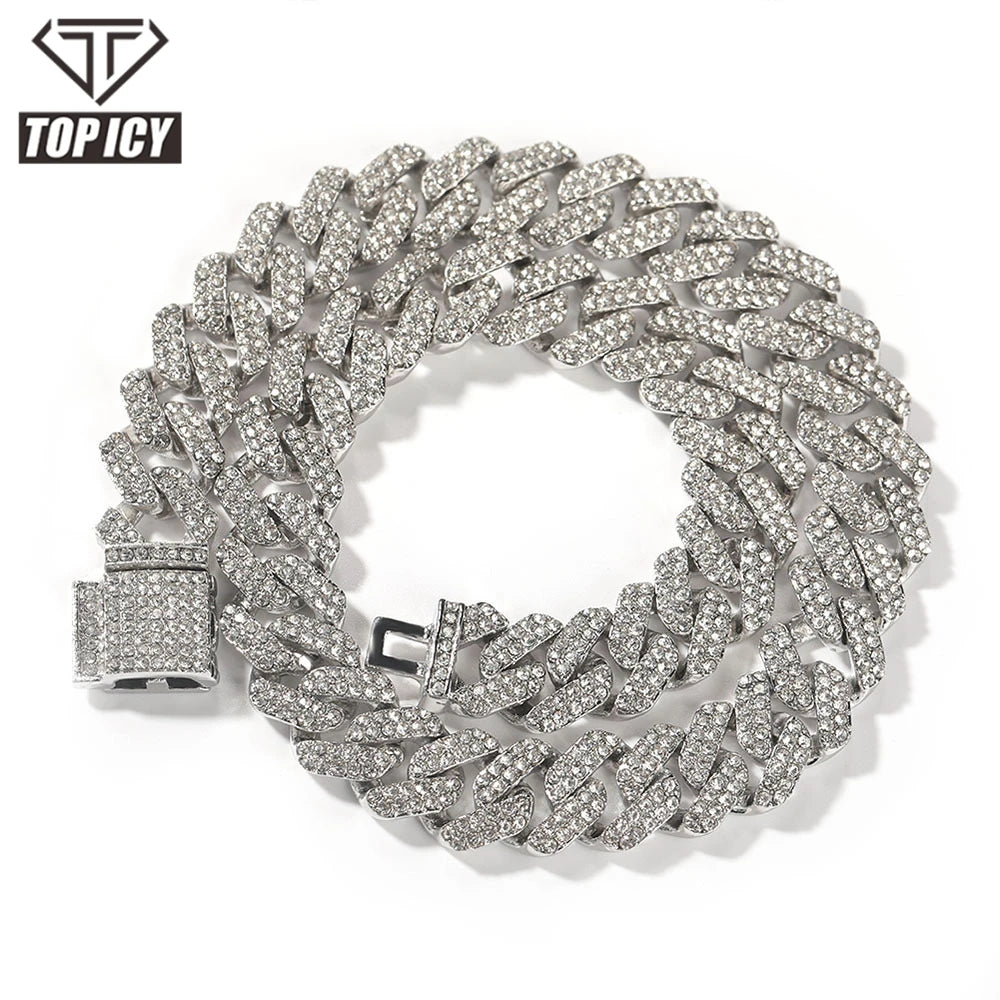Top Icy Hip Hop Jewelry 14mm Two Rows Diamonds Cuban Necklace Gold Plated Austrian Rhinestone Iced Out Delicate Chain
