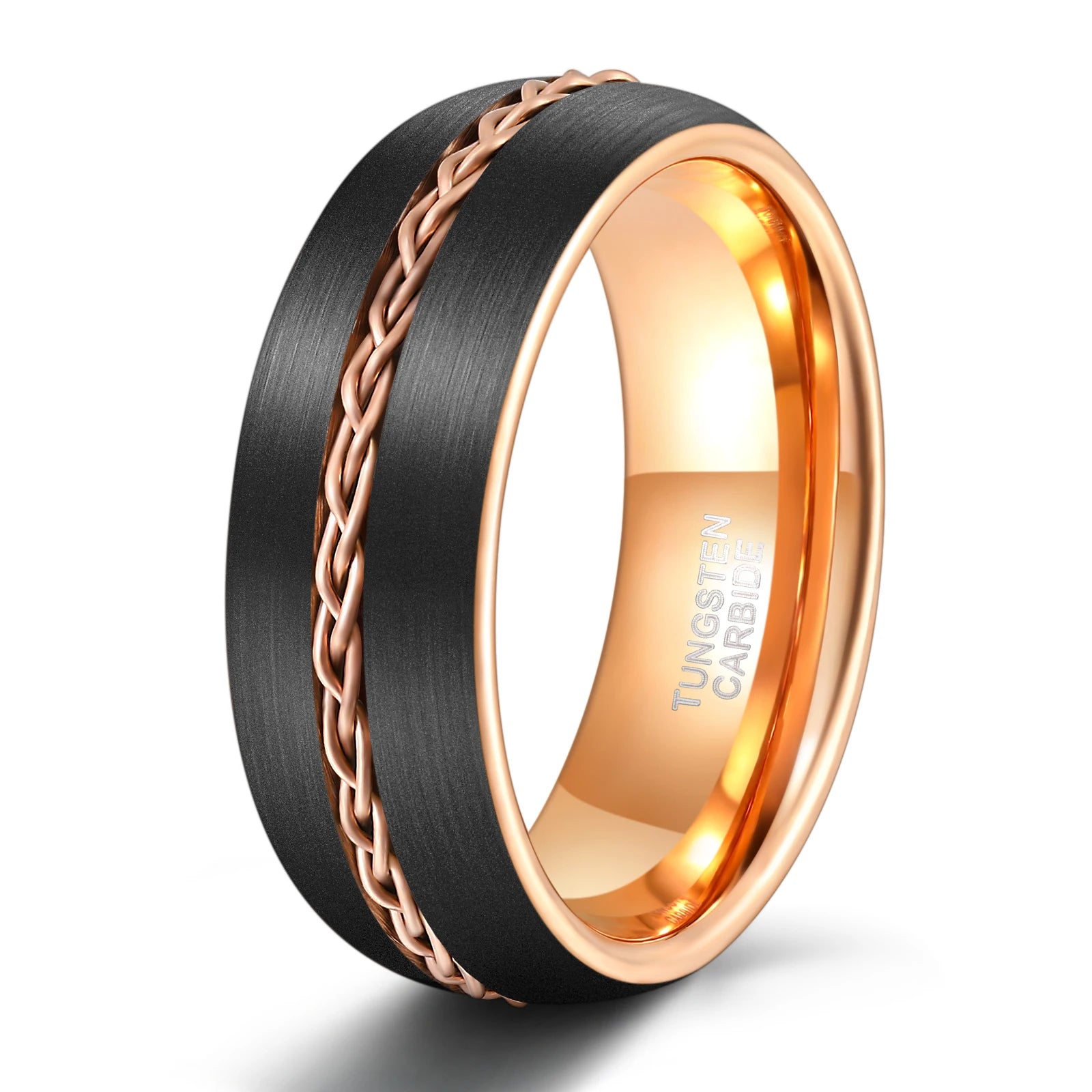 OAHLAN Fashion Jewelry Steel Chain Inlay Male Wedding Engagement Bands 8mm Black Plated Brushed Tungsten Carbide Rings for Men
