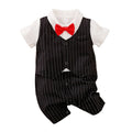 Factory Wholesale Baby Boy Gentleman Romper Infant Formal Tuxedo Jumpsuit Newborn Pinstripe Vest Outfits Short Sleeve Bow Tie