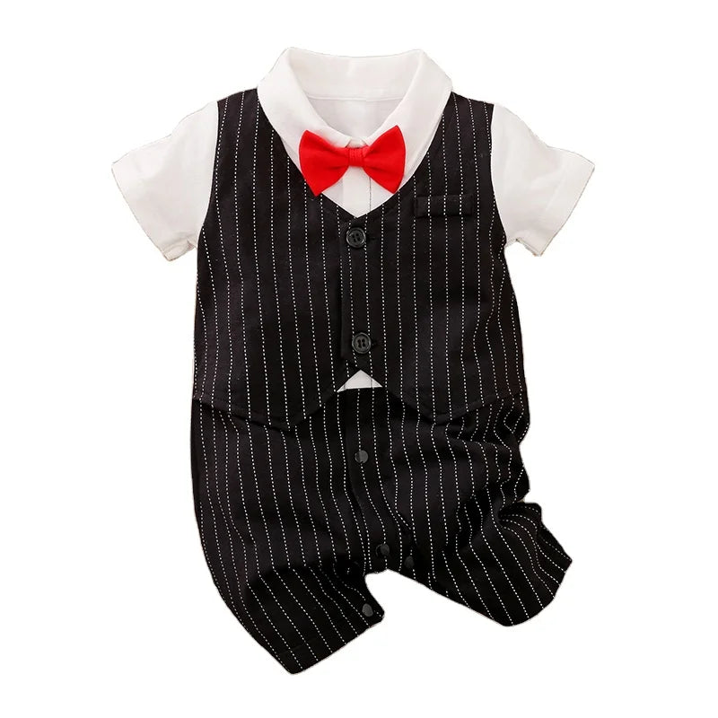 Factory Wholesale Baby Boy Gentleman Romper Infant Formal Tuxedo Jumpsuit Newborn Pinstripe Vest Outfits Short Sleeve Bow Tie