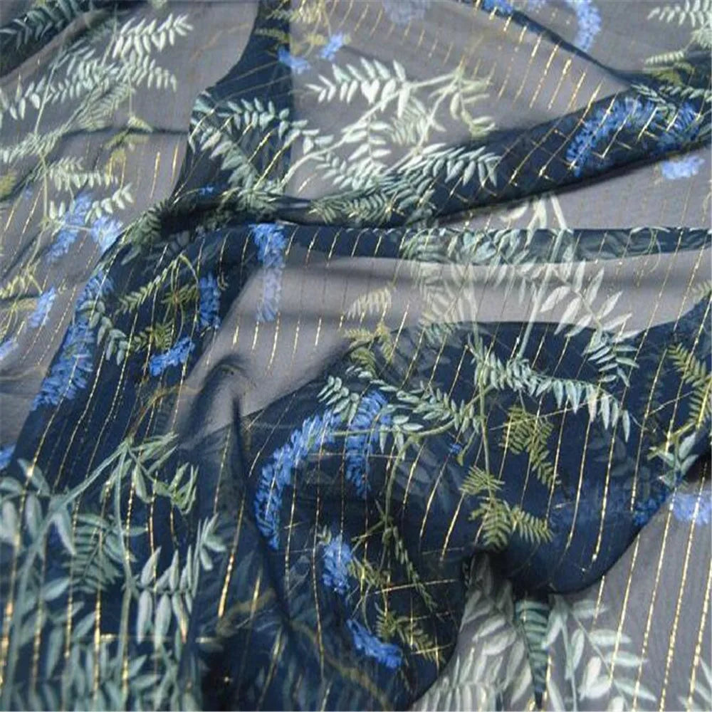 Newest Soft Graceful Good Quality Blue Color Pure Leaf Printed Silk Lurex Metallic Fabric for Breathable Scarf